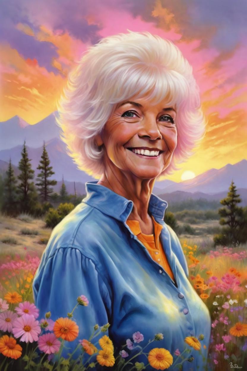 Artificial Intelligence (AI) generated image art, woman happy birthday portrait , she is 70 years old, youthful appearance, standing peacefully In a big Feild of colorful wildflowers , realistic landscape portrait, she has short blonde white hair, there are pink, yellow and orange sunset clouds above her head, art by Boris Vallejo, art by Julie Bell, illustration, 80s fantasy art, portrait, landscape
