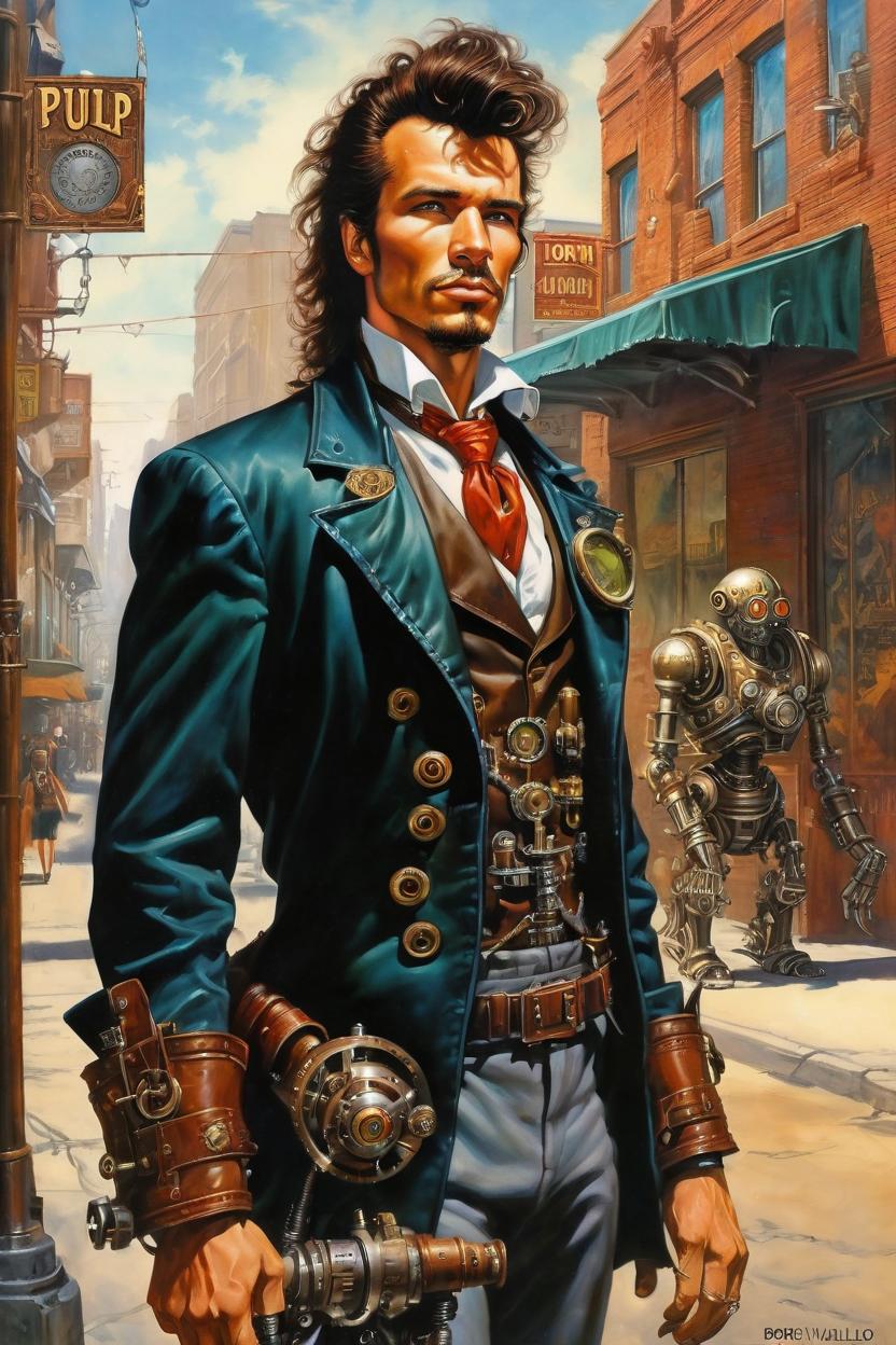Artificial Intelligence (AI) generated image art, (classic fantasy pulp book cover art), (man) looking in steampunk industrialized street, art by Boris Vallejo, 80s fantasy art, portrait, city street, steampunk,.retro,broad shoulders, rugid, man, realistic,