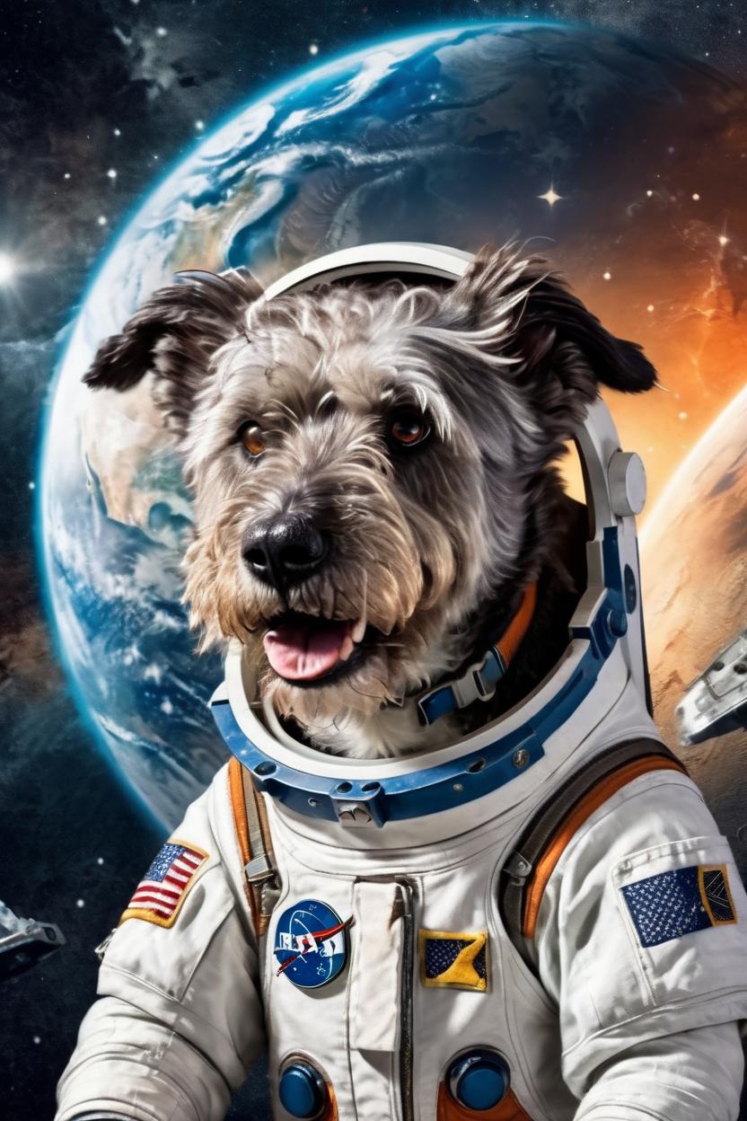 Artificial Intelligence (AI) generated image art, dog, is a space astronaut exploring the final frontier with the earth and stars in the background