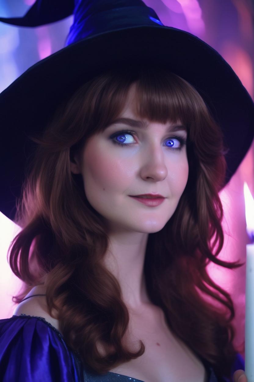 Artificial Intelligence (AI) generated image art, woman, as a beautiful young witch in a 1980s dark fantasy film, with l8ghr ash brown hair and blue-gray eyes, casting a spell, playful smirk, cinematic lighting, ethereal, magical, retro, panavision, nostalgic, smooth glowing skin, youthful complexion, purple gown and hat, full body shot.