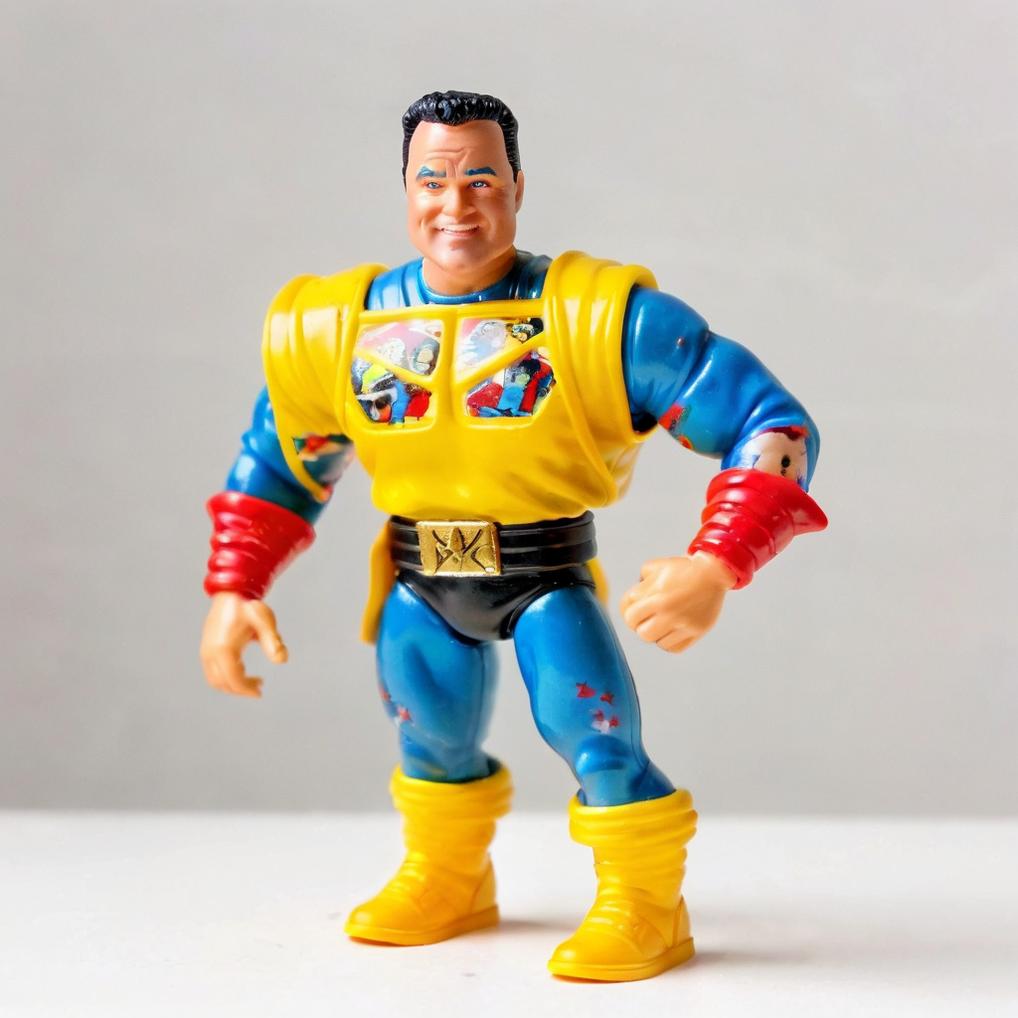 Artificial Intelligence (AI) generated image art, Face of (((man))), on a He-Man figurine, 1980s Mattel toy, typical costume, heavily muscled ((action figure toy)), ((man))\\\\\\\'s face details, toy photography, product showcase, white background..