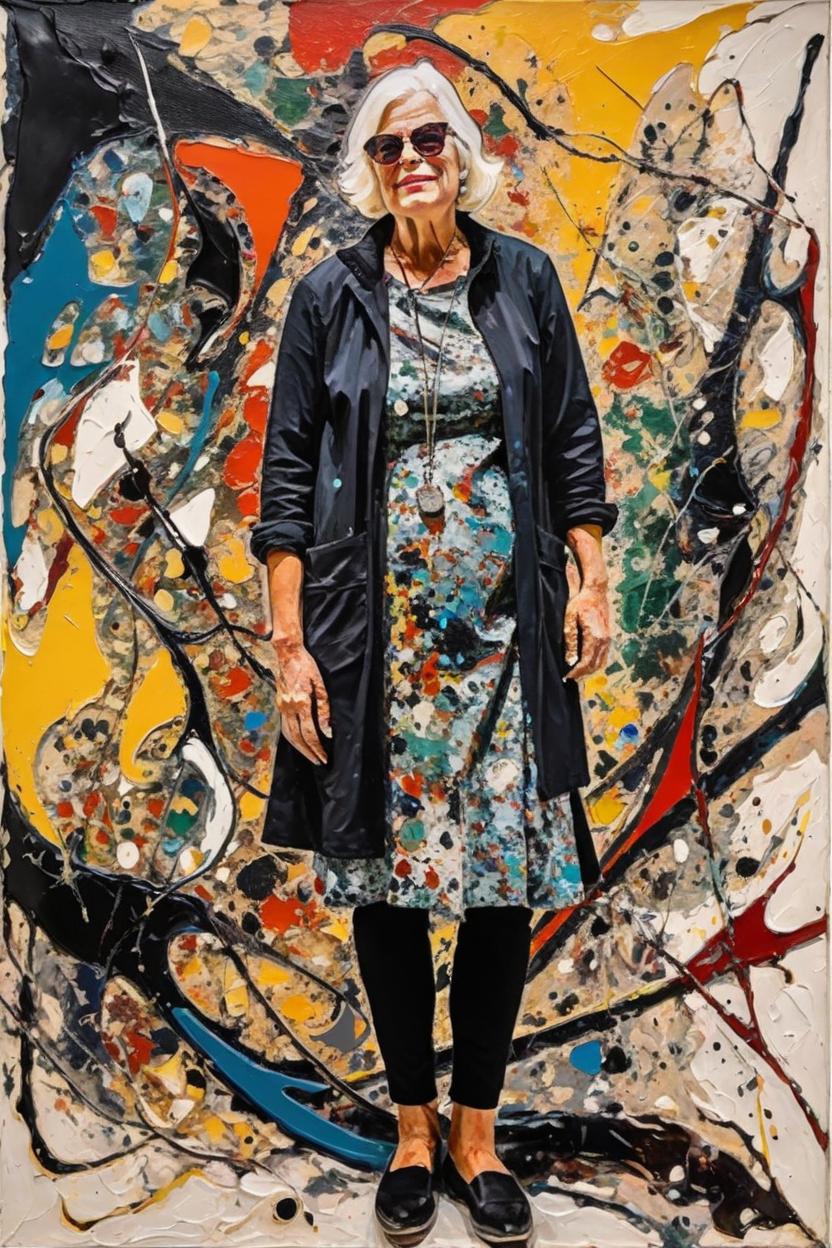 Artificial Intelligence (AI) generated image art, woman, oil painting by Jackson Pollock, abstract, colorful, artistic, asymmetrical