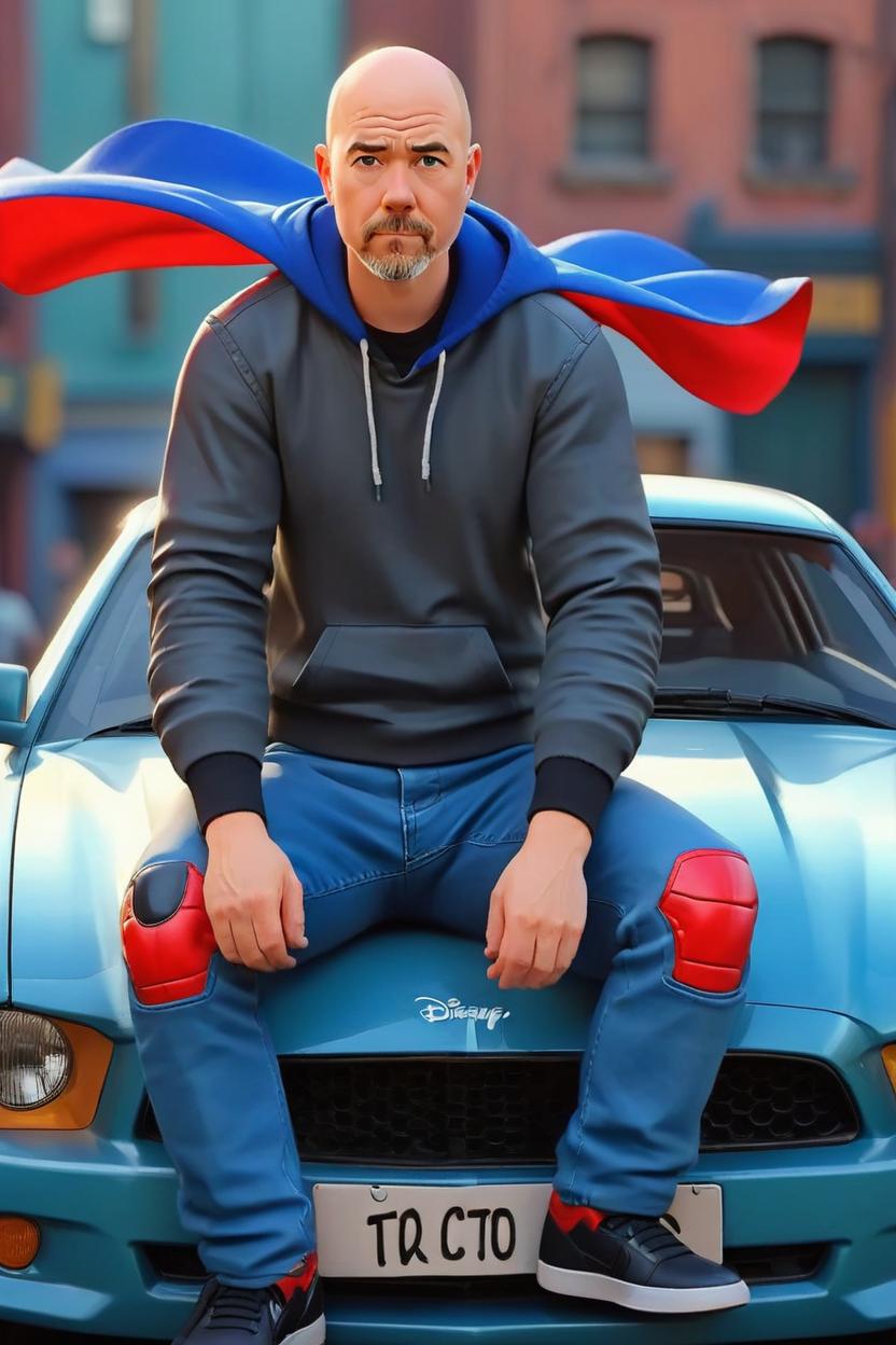 Artificial Intelligence (AI) generated image art, (disney 3d animation style), 3d animation of man, bald, illustration, cartoon, digital painting, superhero, sitting on the hood of av Mustang GT