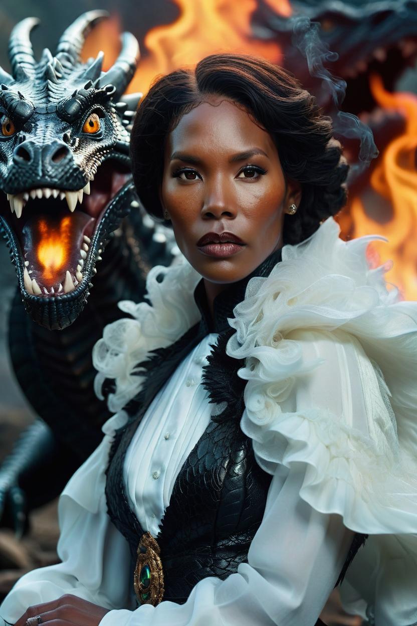 Artificial Intelligence (AI) generated image art, woman, portrait of a stunningly beautiful ghostly haunting female. next to a large black dragon fire breathing dragon depth of field, zeiss lens, detailed, symmetrical, centered, fashion photoshoot, by annie leibovitz and steve mccurry, david lazar, jimmy nelsson, breathtaking, 8 k resolution, extremely detailed, beautiful, establishing shot,
