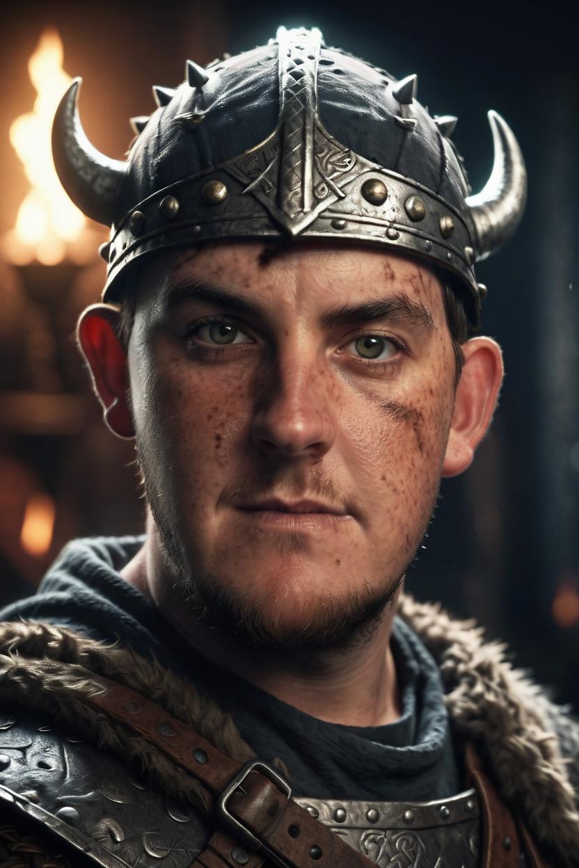 Artificial Intelligence (AI) generated image art, man, viking, ((dark lighting)), (war background), photorealistic, cinematic, 4k, highly detailed, sharp focus