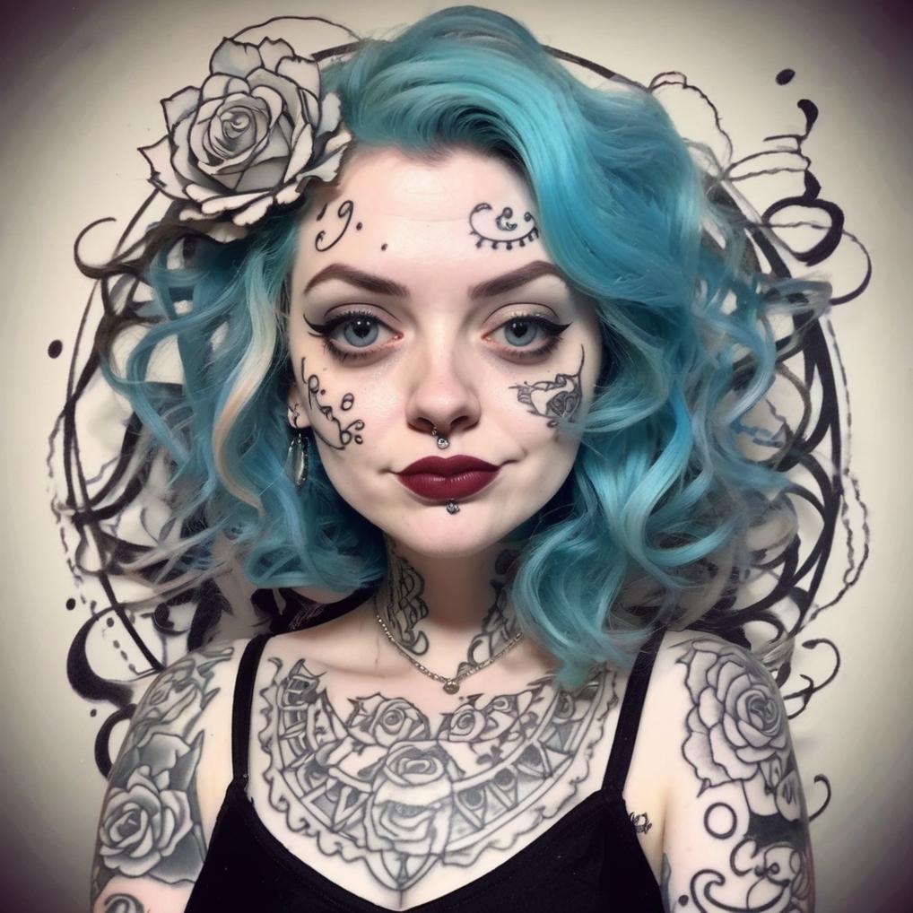 Artificial Intelligence (AI) generated image art, woman, tattooed woman, (tim burton style animation), cartoon, cute girl