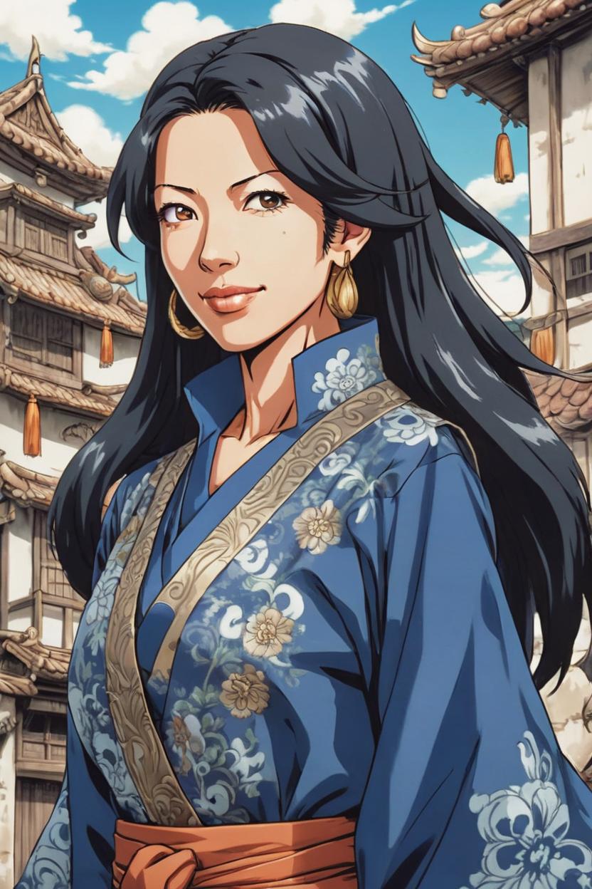 Artificial Intelligence (AI) generated image art, woman as beautiful woman, (small background area above head), art by eiichiro oda, anime, detailed picture, adventure