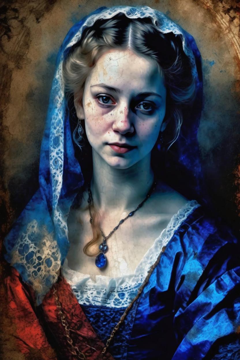 Artificial Intelligence (AI) generated image art, woman, (portrait), Gothic princess in dark and blue torn dirty white stained red and blue nightgown, ((By Rembrandt painting)), (fractal flame), highly detailed