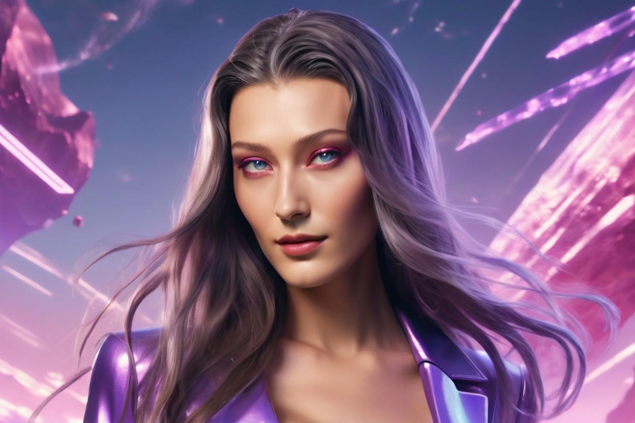 Artificial Intelligence (AI) generated image art, a hyper-realistic landscape portrait of a young beautiful futuristic quantum heroine man, seductive bella hadid aphrodite with lavender colored eyes, smooth light skin, long flowing hair, voluptuous chest, standing in colorful futuristic quantum style luminescent skin-tight heroine suit in style of ultrarealistic photo quality, high resolution, fine details, 4k Ultra HD, comic style backdrop