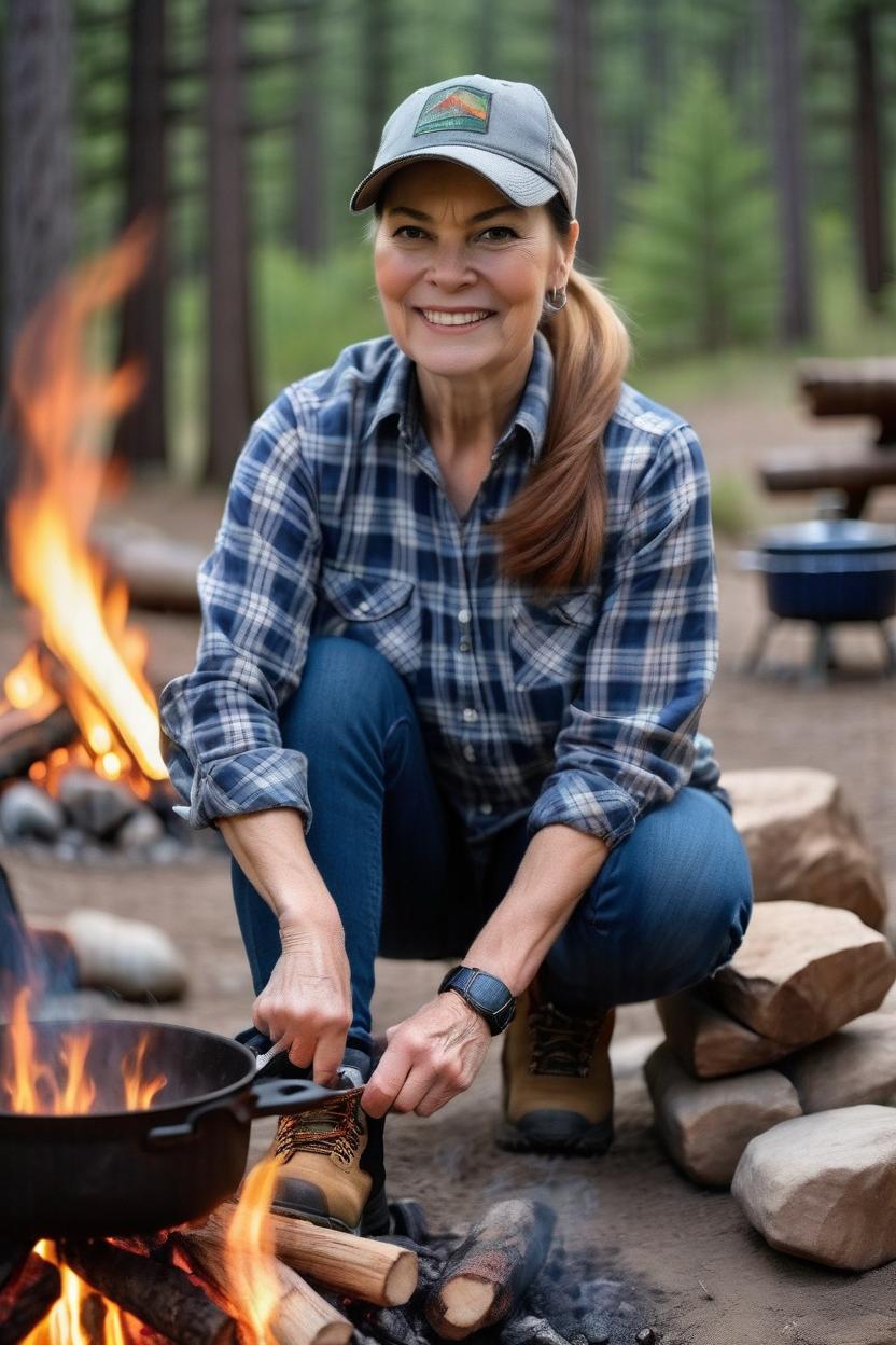 Artificial Intelligence (AI) generated image art, woman, wearing a baseball cap with a ponytail, jeans, a plaid shirt and hiking boots at a campground, cooking over a campfire.