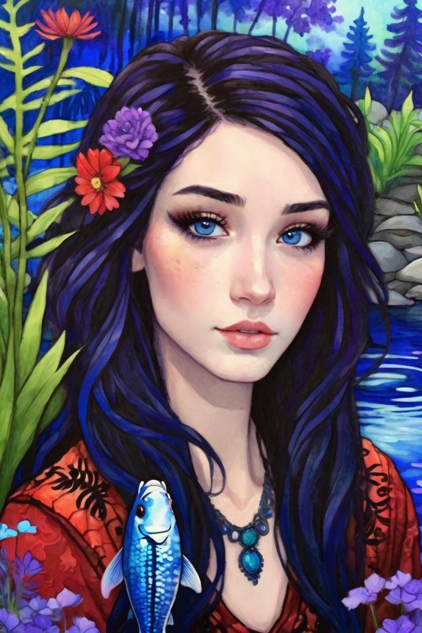 Artificial Intelligence (AI) generated image art, woman, cute, ((human women)), rescued with love, lakeside are ferns and fiddlesticks in background, purple blue red flowers spot background, intricate detailed, fine details, artsy, fantasy painting, koi pond with fish can be seen in the distance behind her, blue eyes, brunette hair, pretty girl, cute women,