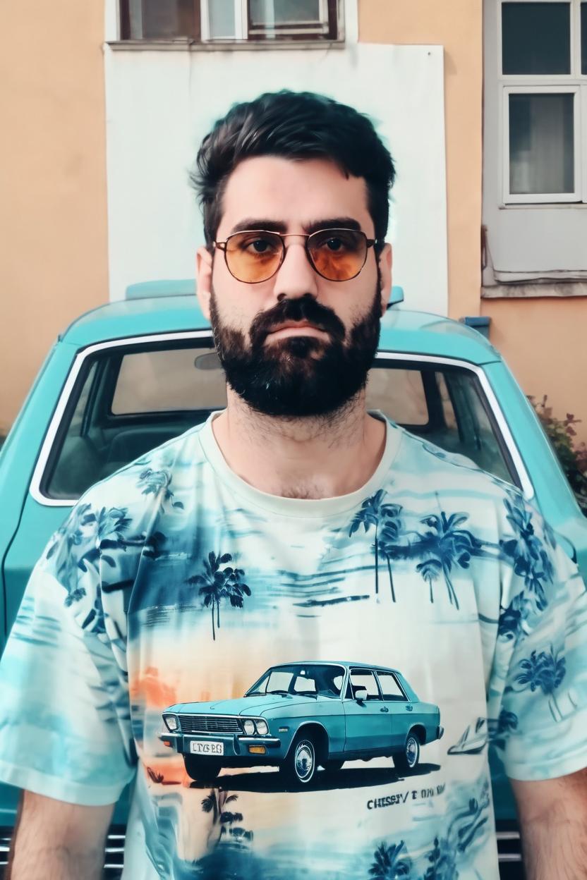 Artificial Intelligence (AI) generated image art, man cheesy Portrait 80s style, 80s yearbook photo with double exposure fading face on background,vintage, holding a car, as the popular hot guy with , wearing stylish 80s clothes, having weird 80s glasses and mullet. Background with lasers/space style.