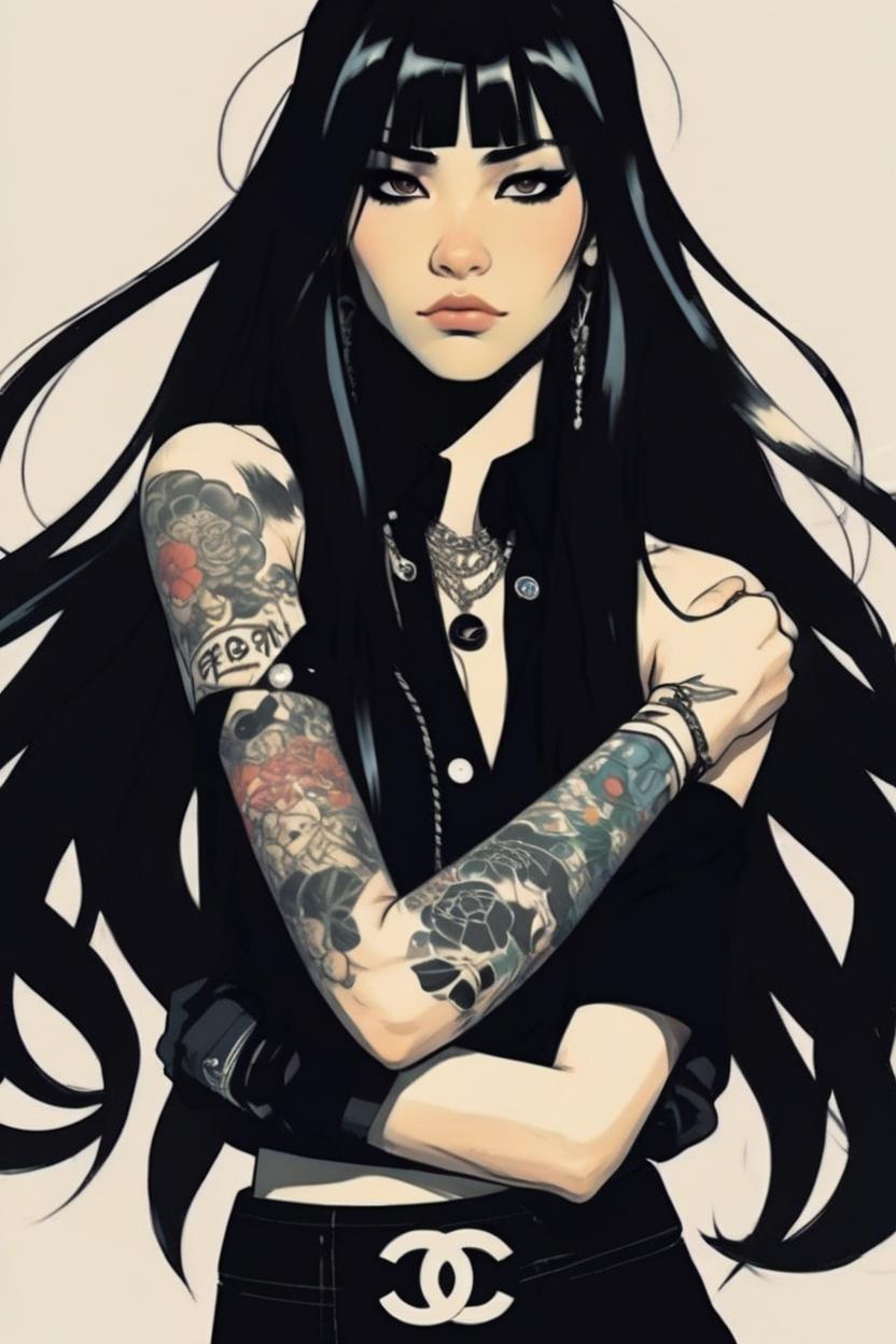 Artificial Intelligence (AI) generated image art, woman is the main character in a manga, wearing all black chanel clothing, shoulders arms and neck are tattoed, long black hair, in graphic novel frank miller style, digital art