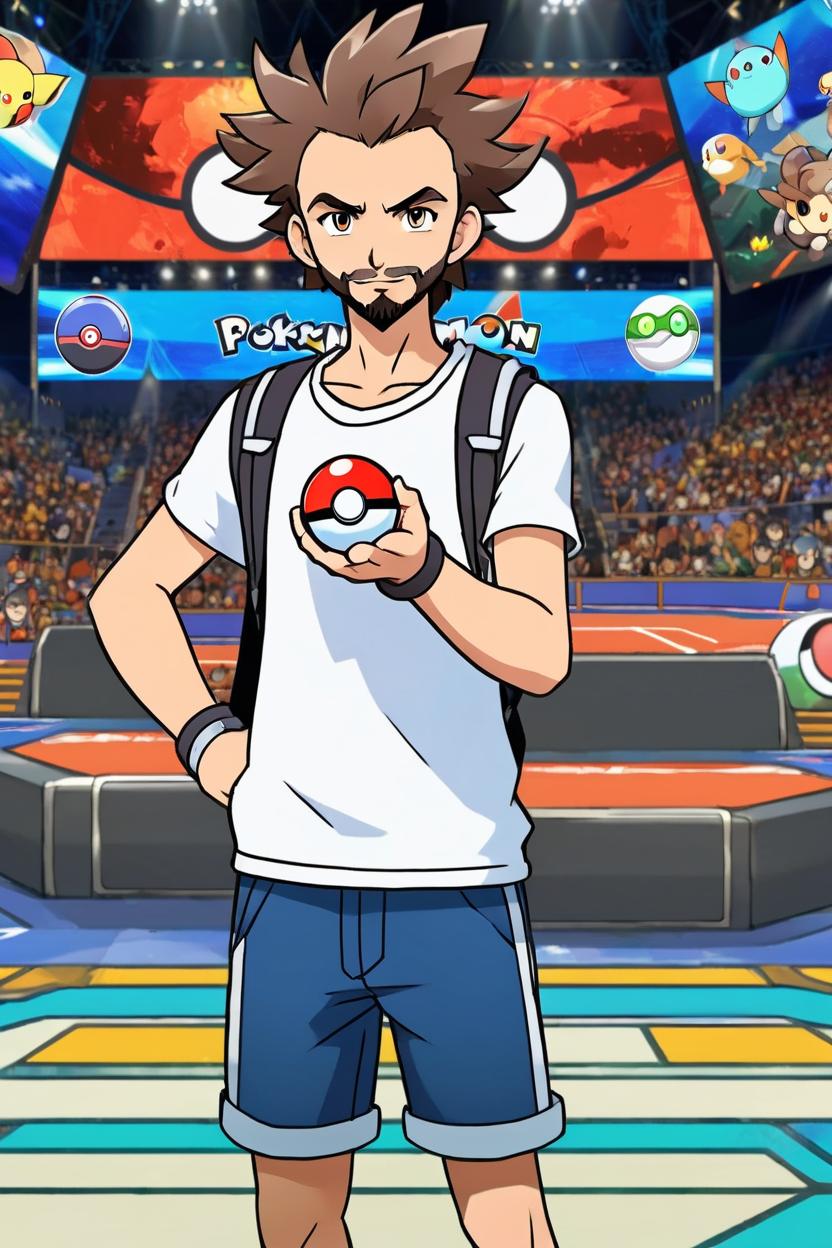 Artificial Intelligence (AI) generated image art, man, as a handsome Pokemon trainer, in the anime Pokemon, ((anime art)), ((in style of Pokemon anime)), ((2D art)), looking confident, holding a pokeball his hand, standing in the middle of Pokemon battle arena