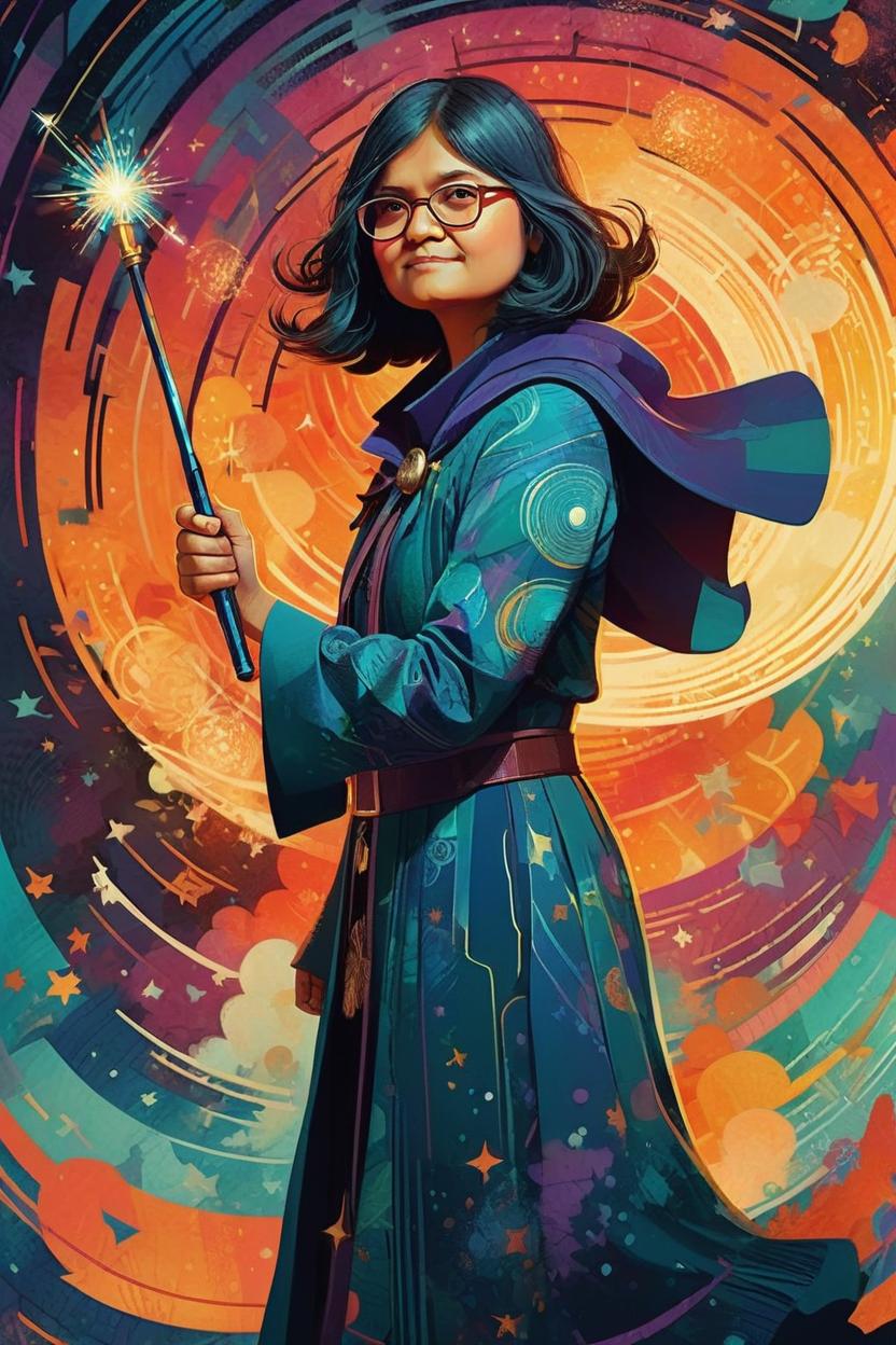 Artificial Intelligence (AI) generated image art, woman, as a wizard with a magic wand, ( ( dither ) ), editorial illustration, modern art deco, colorful, ( ( mads berg ) ), christopher balaskas, victo ngai, rich grainy texture, detailed, dynamic composition, wide angle, moebius, matte print