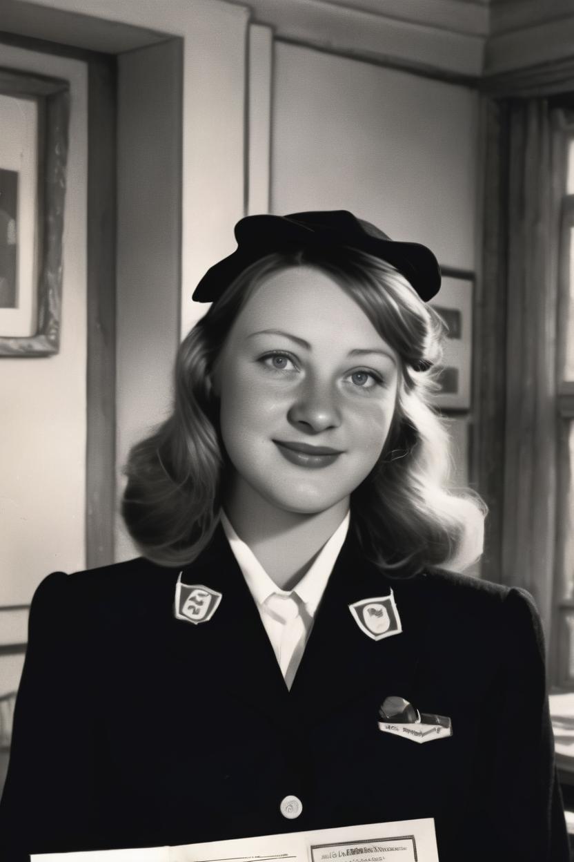 Artificial Intelligence (AI) generated image art, woman, as a 40's stewardesse with memoralia from the 40s