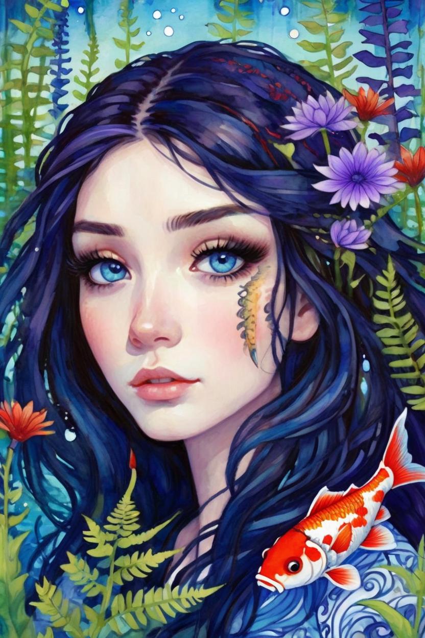 Artificial Intelligence (AI) generated image art, woman, cute, ((human women)), rescued with love, lakeside are ferns and fiddlesticks in background, purple blue red flowers spot background, intricate detailed, fine details, artsy, fantasy painting, koi pond with fish can be seen in the distance behind her, blue eyes, brunette hair, pretty girl, cute women,