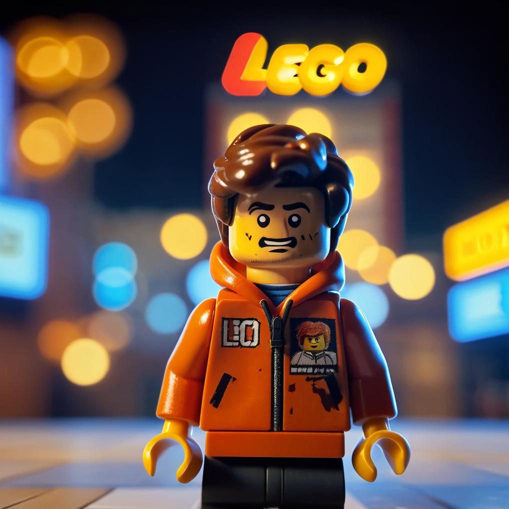 Artificial Intelligence (AI) generated image art, man, as a Lego figurine in the style of 2014 The Lego Movie, cinematic beautiful lighting, sharp focus, burnt orange Texas hoodie, 2 dimensional, Lego city in the background, The Old West, bokeh, soft lighting, vignette