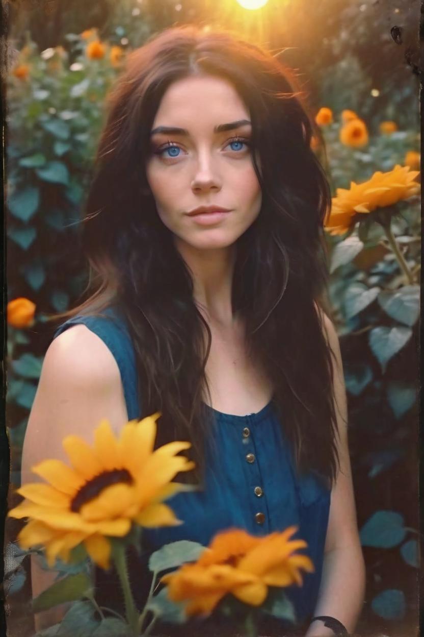 Artificial Intelligence (AI) generated image art, woman, blue eyes, shoulder length wispy dark brown hair, realistic, artistic, realness, portrait, old polaroid photo, golden hour, in a Babylonish garden, bathed in orange light, dreamy and gloomy atmosphere, detailed face, highly detailed, 8k, yellow roses, sunflowers,