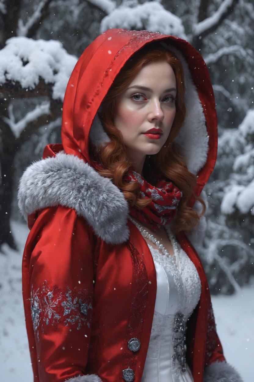Artificial Intelligence (AI) generated image art, woman, as red hood, ((portrait)), elegant, photorealistic, highly detailed, artstation, smooth, grey and red ornaments, smooth lighting, sci-fi, art by Klimt