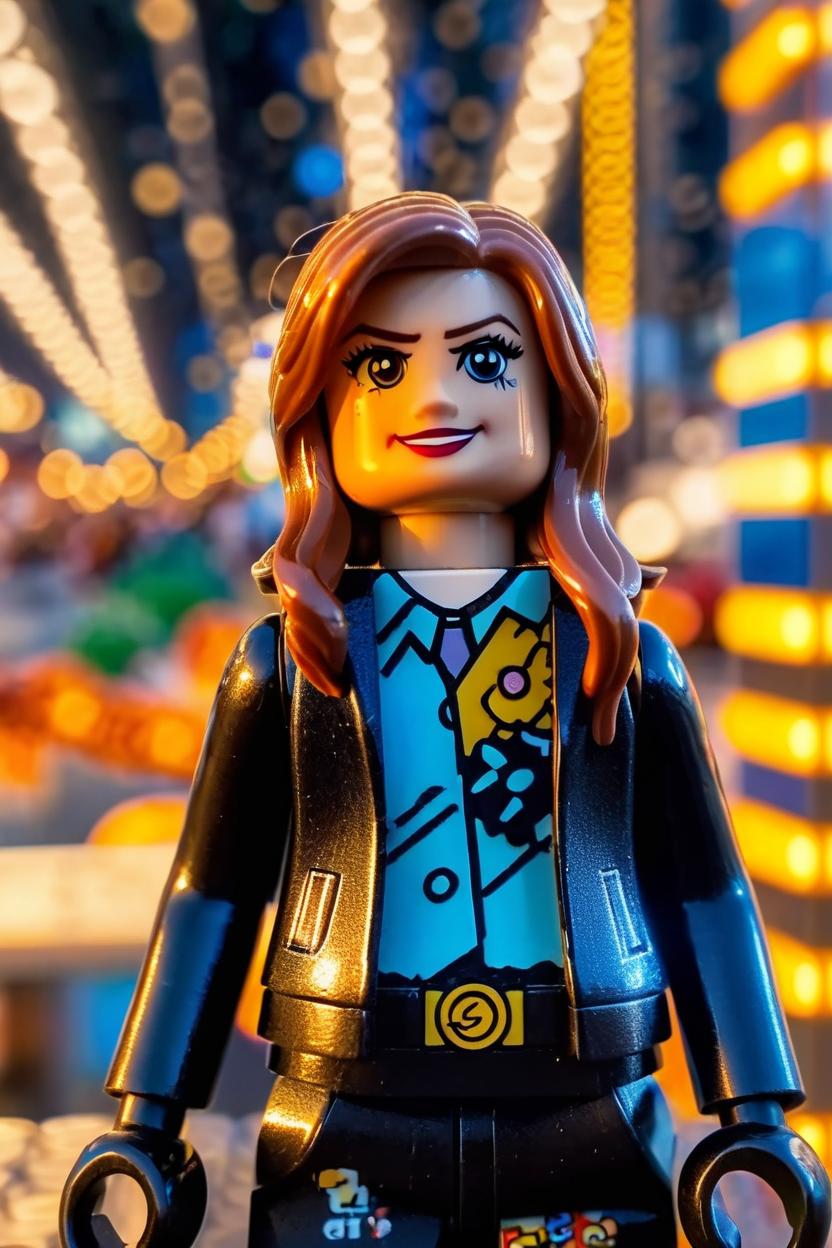 Artificial Intelligence (AI) generated image art, woman, as a Lego figurine in the style of 2014 The Lego Movie, cinematic beautiful lighting, sharp focus, Lego city in the background, bokeh