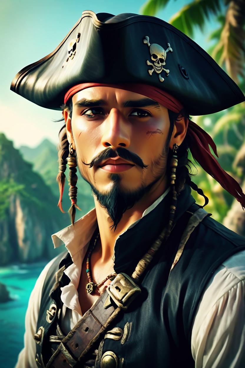 Artificial Intelligence (AI) generated image art, man, portrait as a pirate, mid shot side angle, looking at camera, on a tropical island, cinematic lighting, epic, adventure, style of Pirates of the Caribbean "