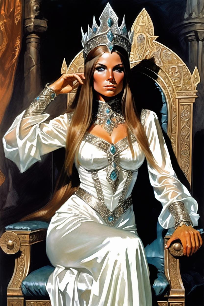 Artificial Intelligence (AI) generated image art, woman, 1970s dark fantasy far perspective illustration dark crystal-style/excalibur 1981-style/conan the barbarian-style/frank frazetta-style epic illustration of a majestic, confident, stunning, young, elven queen, realistic face, hyper realistic expression. Scantily/lightly dressed. Wearing white silk, showing some skin, holding a book. Wearing a large intricate headpiece. Sitting on a tall throne in a big bright throne room. With a very far perspective.