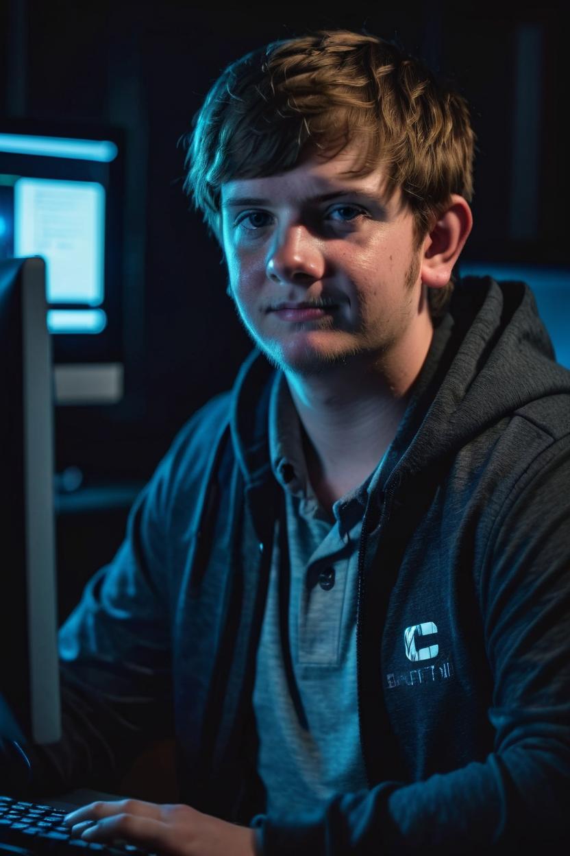 Artificial Intelligence (AI) generated image art, man (portrait), working on computer, night portrait, ((dark lighting)), (dark background), photorealistic, cinematic, 8k, highly detailed, sharp focus, cinematic colors, professional photoshoot