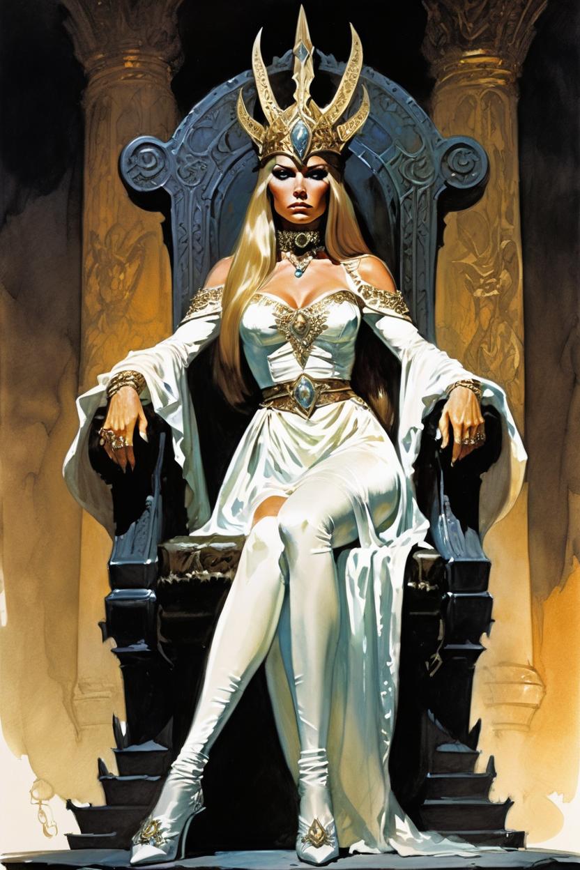 Artificial Intelligence (AI) generated image art, woman, 1970s dark fantasy far perspective illustration dark crystal-style/excalibur 1981-style/conan the barbarian-style/frank frazetta-style epic illustration of a majestic, arrogant, confident, young, elven queen. Scantily/lightly dressed. Wearing white silk, showing some skin. Wearing a large golden headpiece. Sitting on a tall throne in a big dark throne room. With a very far perspective.
