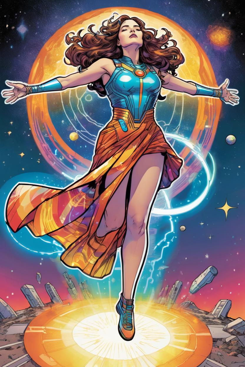Artificial Intelligence (AI) generated image art, woman, full body comic illustration as a futuristic goddess hovering above the ground, drawing energy from the earth and radiating it out to those supplicants worshipping her style should be colorful and psychadelic