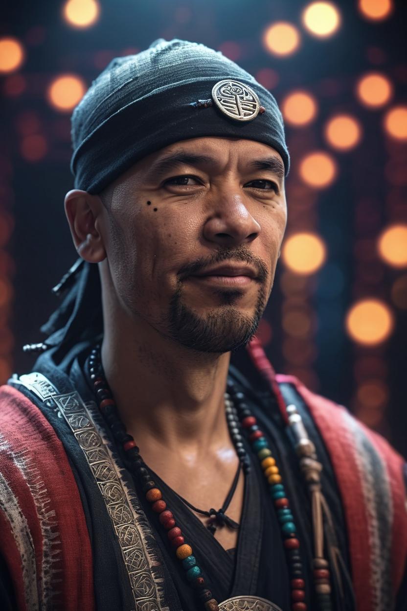 Artificial Intelligence (AI) generated image art, man, shamanic, ninja outfit, ((dark lighting)), (bokeh background), photorealistic, cinematic, 4k, highly detailed, sharp focus