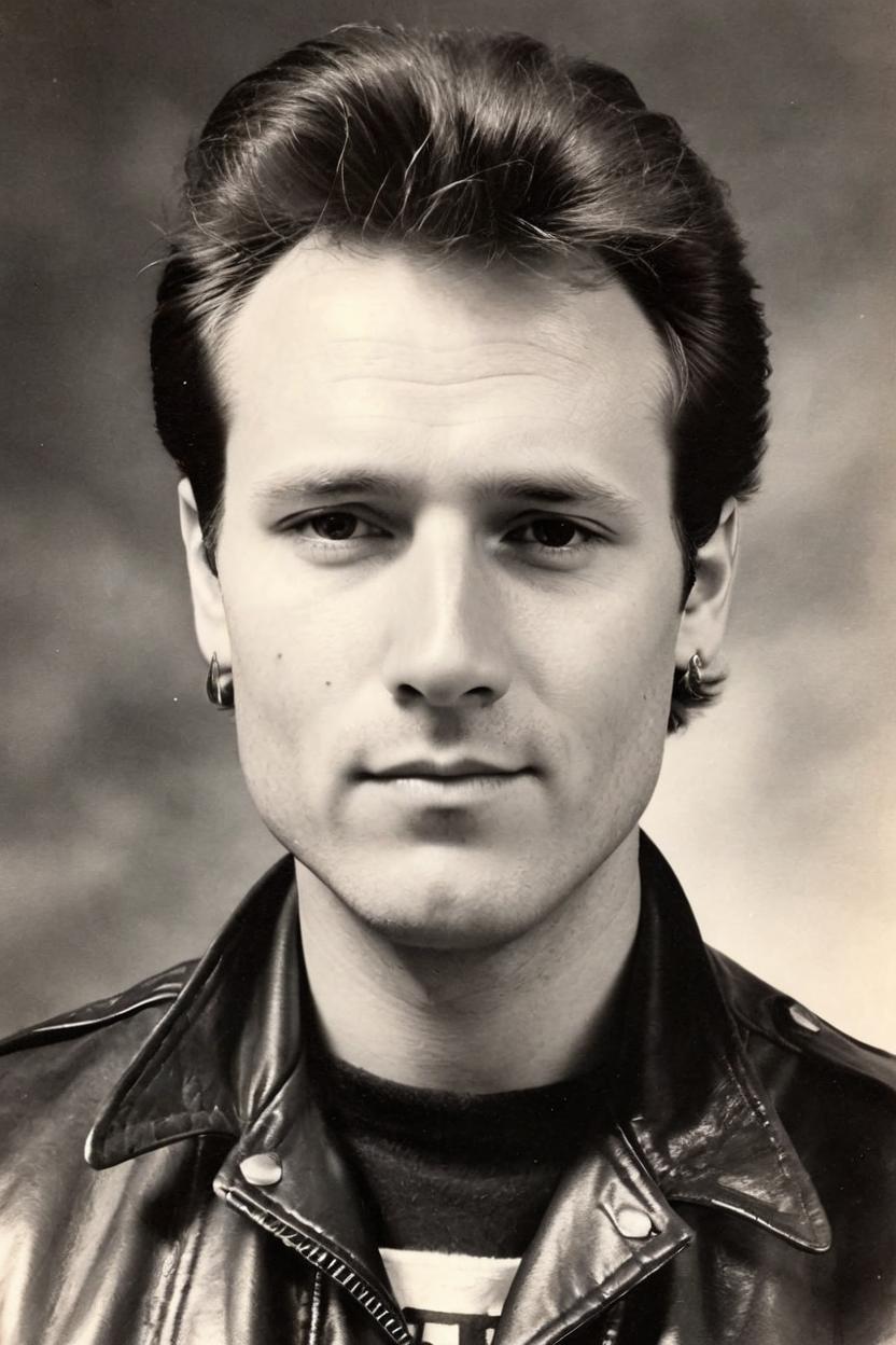Artificial Intelligence (AI) generated image art, man, 80s yearbook photo, vintage, as the bad boy in leather jacket and slick hair