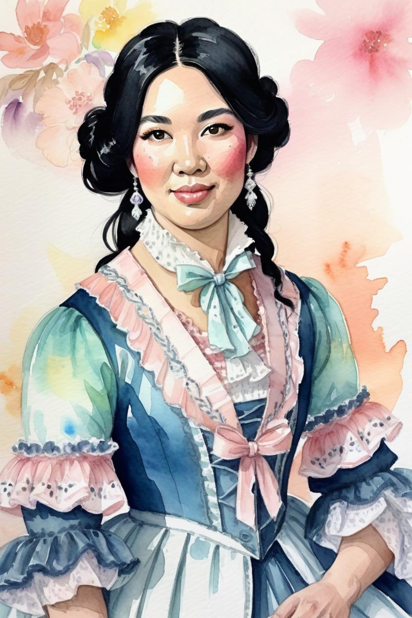 Artificial Intelligence (AI) generated image art, woman, with dark brown hair, watercolor, fashion illustration portrait, style of Matt Richards, (Matt Richards), wearing a regency era inspired clothing, pastel colors