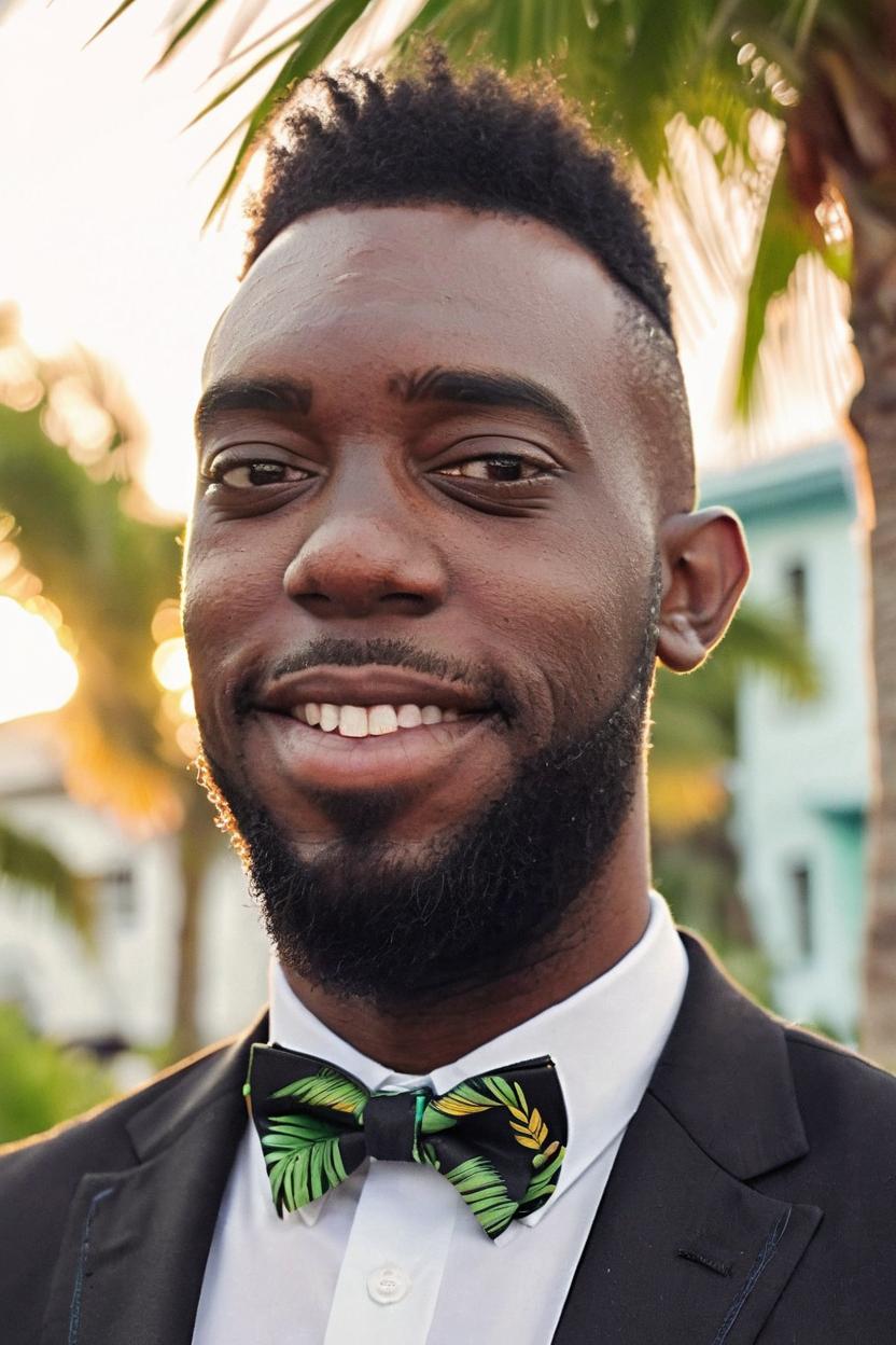 Artificial Intelligence (AI) generated image art, man (scene portrait, wearing a suit with a bow tie) (Kingston, Jamaica) (standing beside a palm tree) Composition (Close-up portrait view) (Mixture of confidence and joy) ((Facial Details)) (Intense eyes, firm jawline, slight smile) ((Lighting))(Soft) captured during the golden hour ((Technical Details) shot on 50mm format
