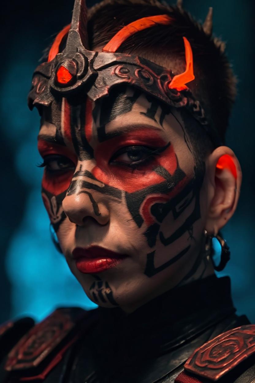 Artificial Intelligence (AI) generated image art, woman, portrait as a Sith Lord in battle armor, mid shot side angle, looking at camera, blindfold covering eyes, red glow on face, full face tribal tattoos, terrifying, dark cave temple, cinematic lighting, dark, sinister,