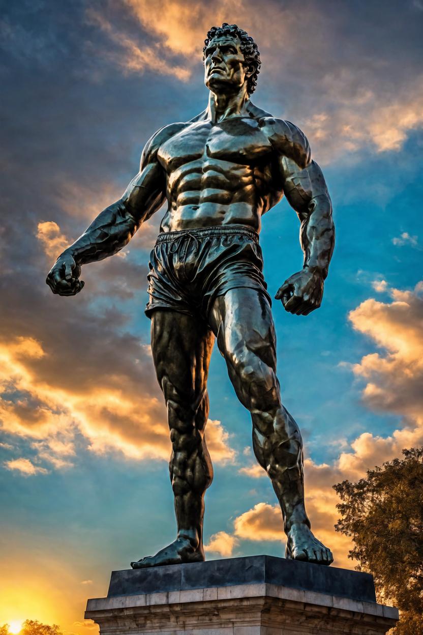 Artificial Intelligence (AI) generated image art, man, (Michelangelo statue), muscular, standing, full body, David, (leave space above head), dramatic sunset, caustics, digital, epic scene, by gaston bussiere, bayard wu, greg rutkowski, giger, maxim verehin