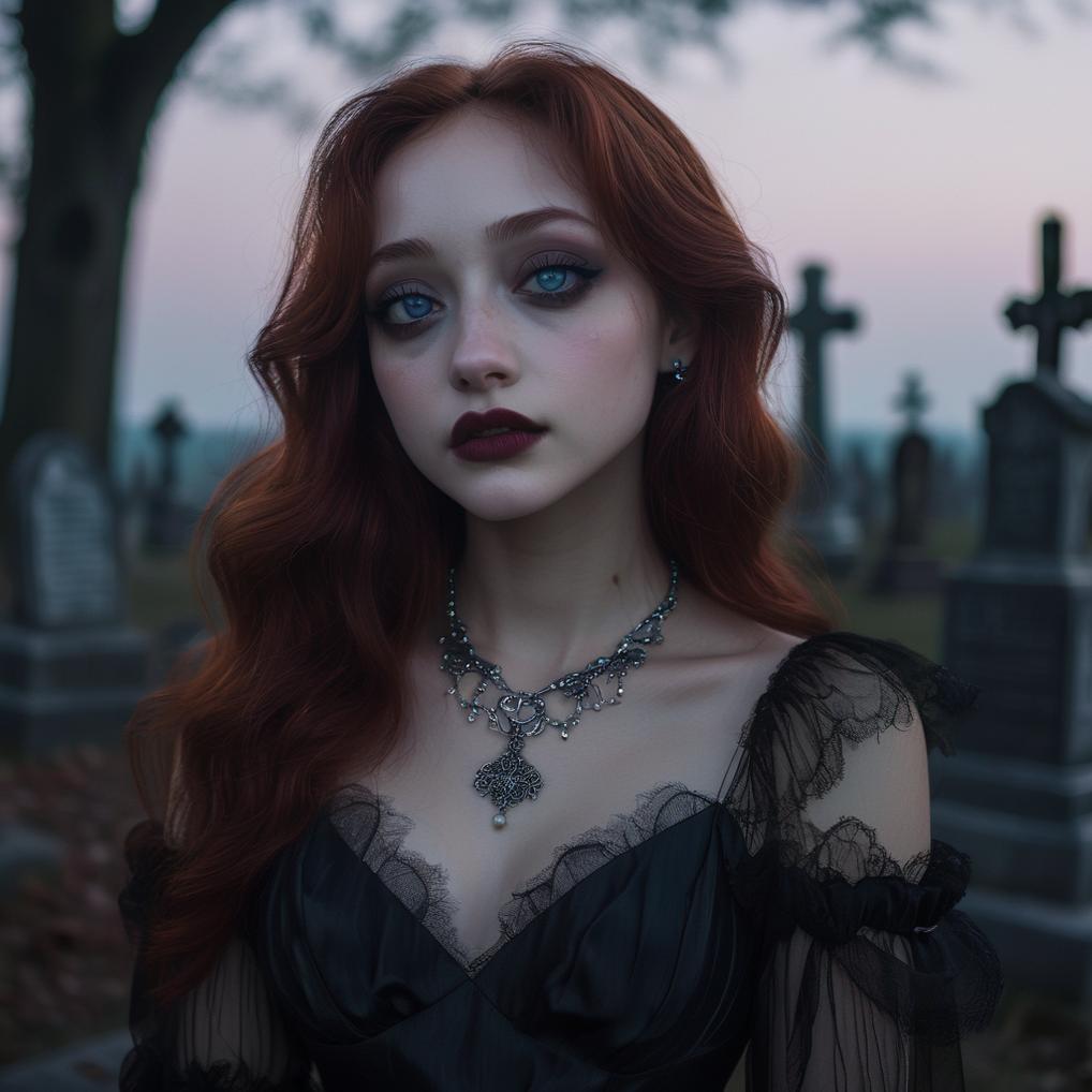 Artificial Intelligence (AI) generated image art, woman, Dark Romance In a mist-laden cemetery at twilight, she stands motionless and serene, her hands clasped gracefully over her Eclipse black dress. The fabric flows around her like shadows, blending into the dimly lit landscape, while her Lilac Gray gloves and Chocolate Plum boots add depth to her silhouette. A delicate Angel Wing pearl necklace catches the faint moonlight, resting against her collarbone, while her blue-grey eyes gaze softly into the distance, a touch of melancholy in her expression. Her red hair glows faintly against the night’s mist, capturing an elegant stillness that embodies the haunting beauty of Gothic romance.