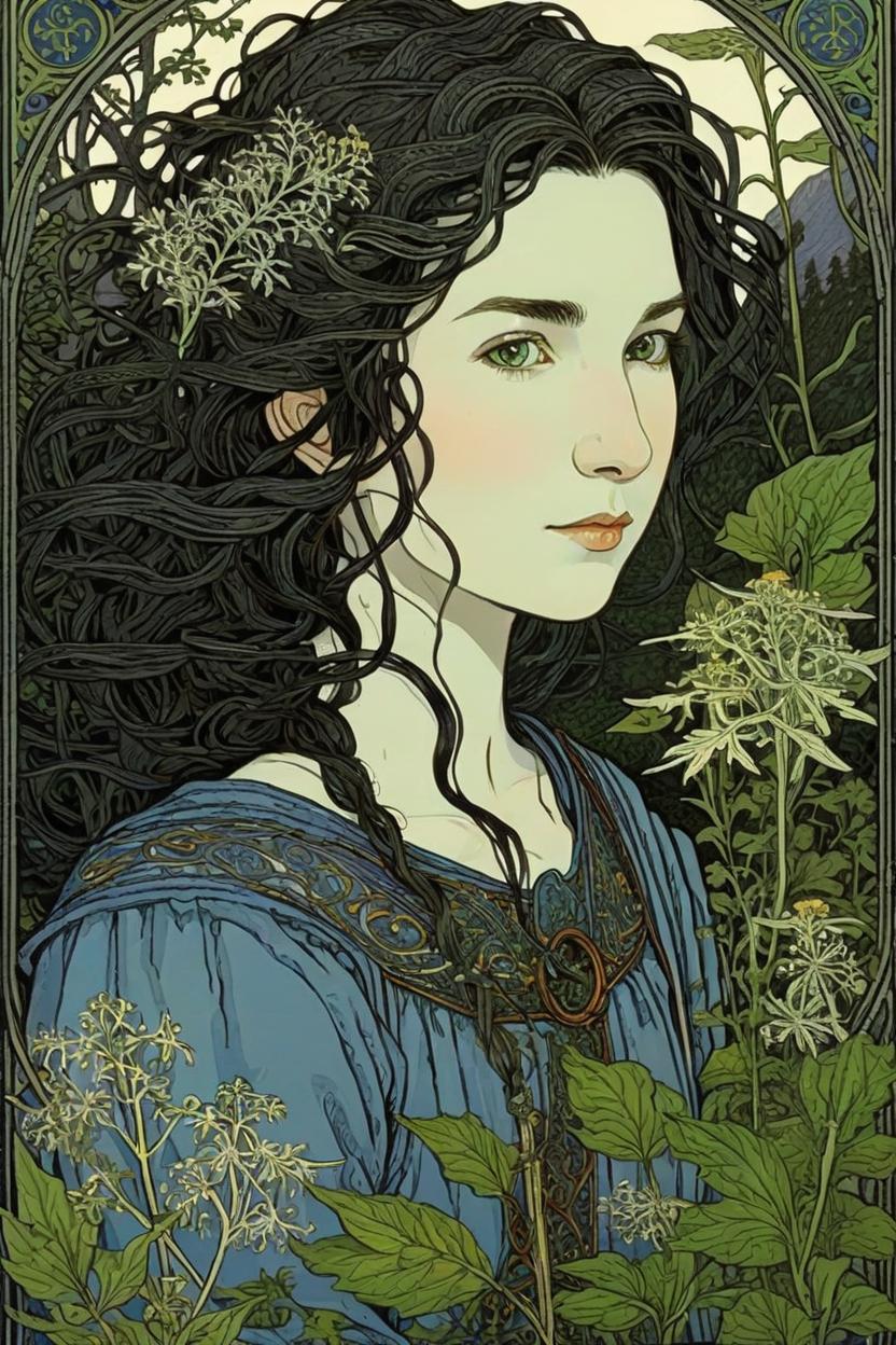 Artificial Intelligence (AI) generated image art, woman, hobbit, herbs, art by ivan bilibin, tarot