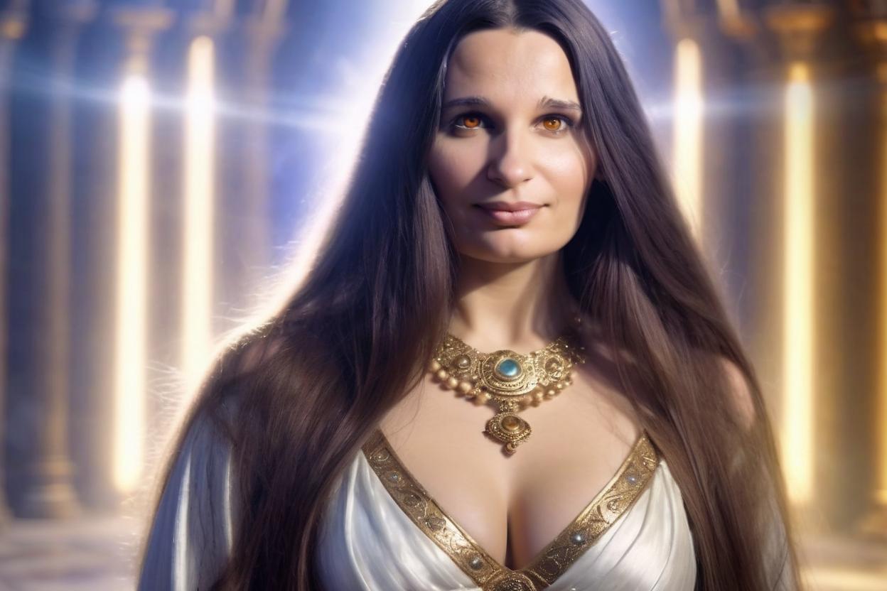 Artificial Intelligence (AI) generated image art, woman, photorealistic, portrait of a long haired Celestial Priestess with honey colored eyes and a voluptuous chest, in a Quantum Cathedral, 16k, smooth, sharp focus, Half body, volumetric lighting