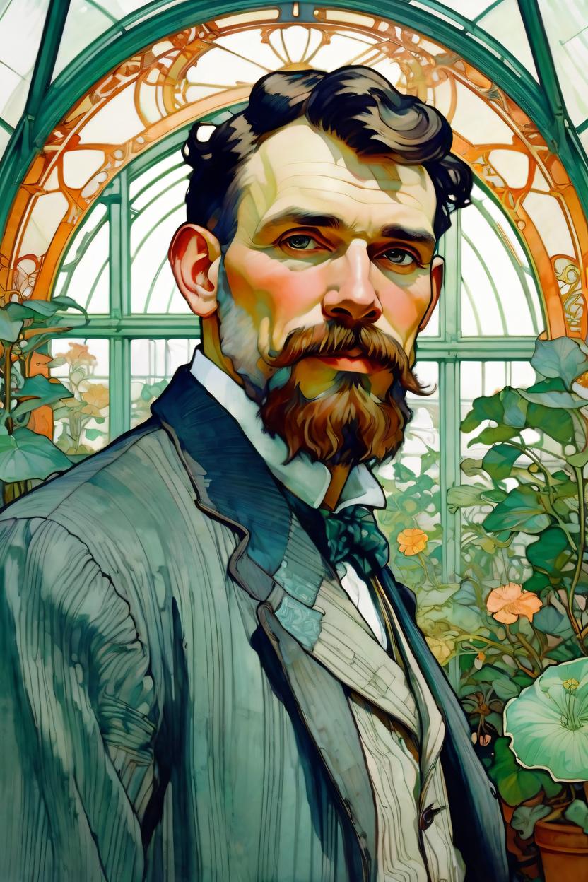 Artificial Intelligence (AI) generated image art, (man), portrait, artwork by Alphonse Mucha, Art Nouveau, greenhouse in background
