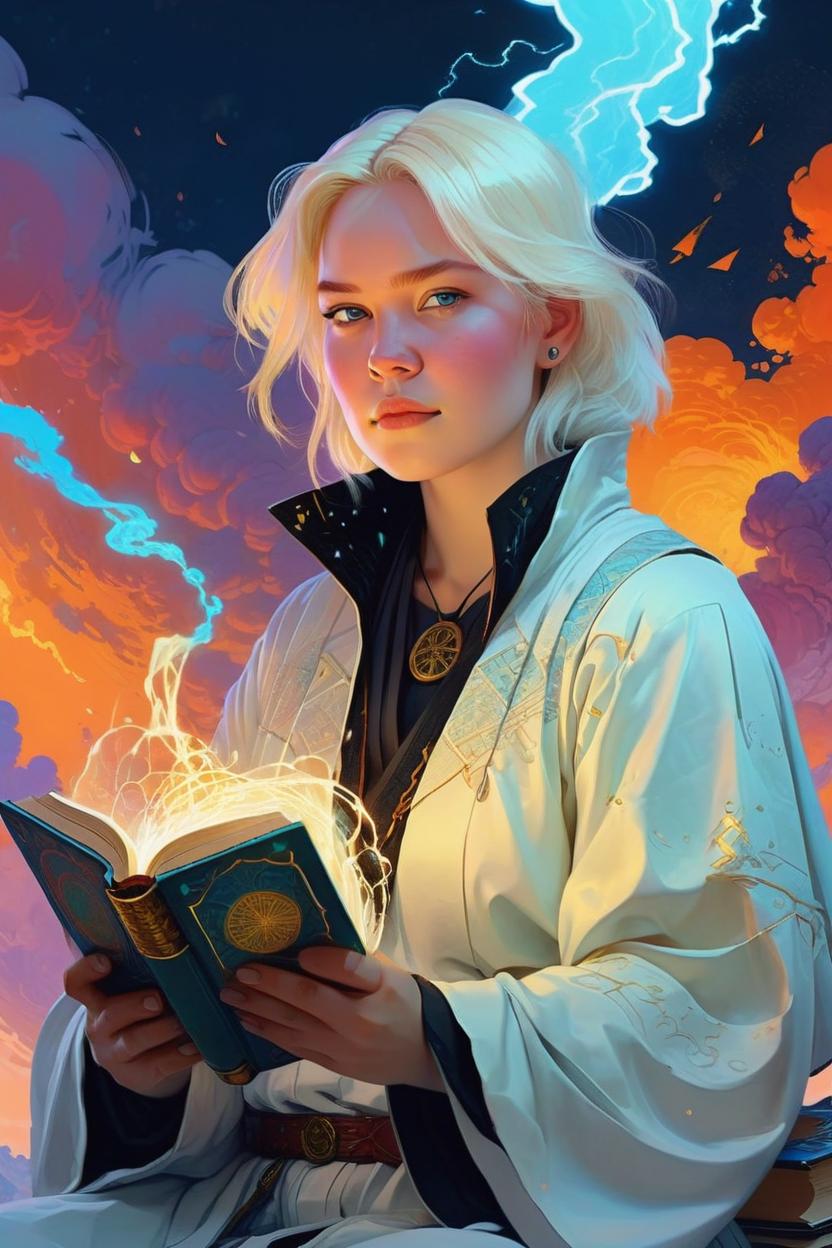 Artificial Intelligence (AI) generated image art, (woman) as a mage, holding a book of spells, portrait by Victo Ngai, Kilian Eng vibrant colors, award-winning masterpiece, fantastically gaudy, aestheticly inspired by beksinski and dan mumford, 4K upscale with Simon Stalenhag work, sitting on the cosmic cloudscape