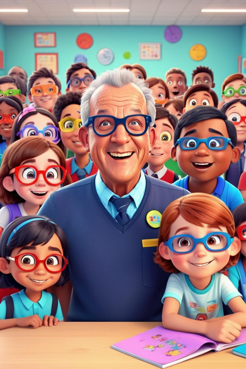 Artificial Intelligence (AI) generated image art, man, "(disney 3d animation style), 3d animation of man, illustration, cartoon, digital painting, as cute school principal, in school building surrounded by cartoon children of different races that are all wearing eyeglassesving to the crowd"