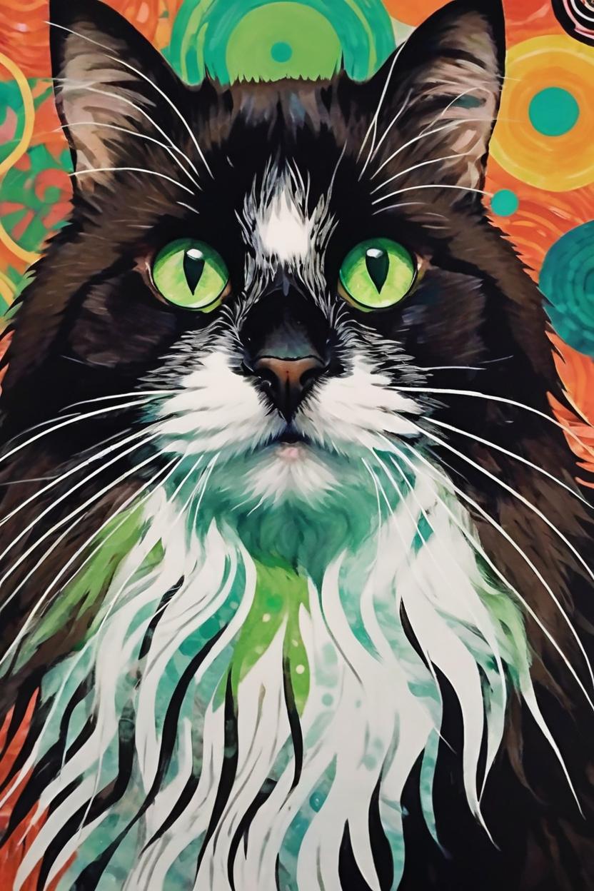 Artificial Intelligence (AI) generated image art, cat, illustration by Yayoi Kusama, far away angle landscape mode,piepie is brown with black faded stripes and has green eyes. In the background there are radiant and vibrant colors, hollowgraphic aesthetic, portrait, abstract background, long hair cat, cat eyes, artwork, colorful eye-catching circles dot background, abstract colorful strange background,