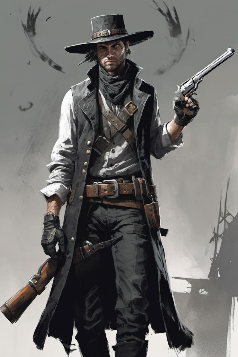 Artificial Intelligence (AI) generated image art, man, witch hunter, hunt showdown, pre-civil war era, buckle hat, saber and pistol, concept art