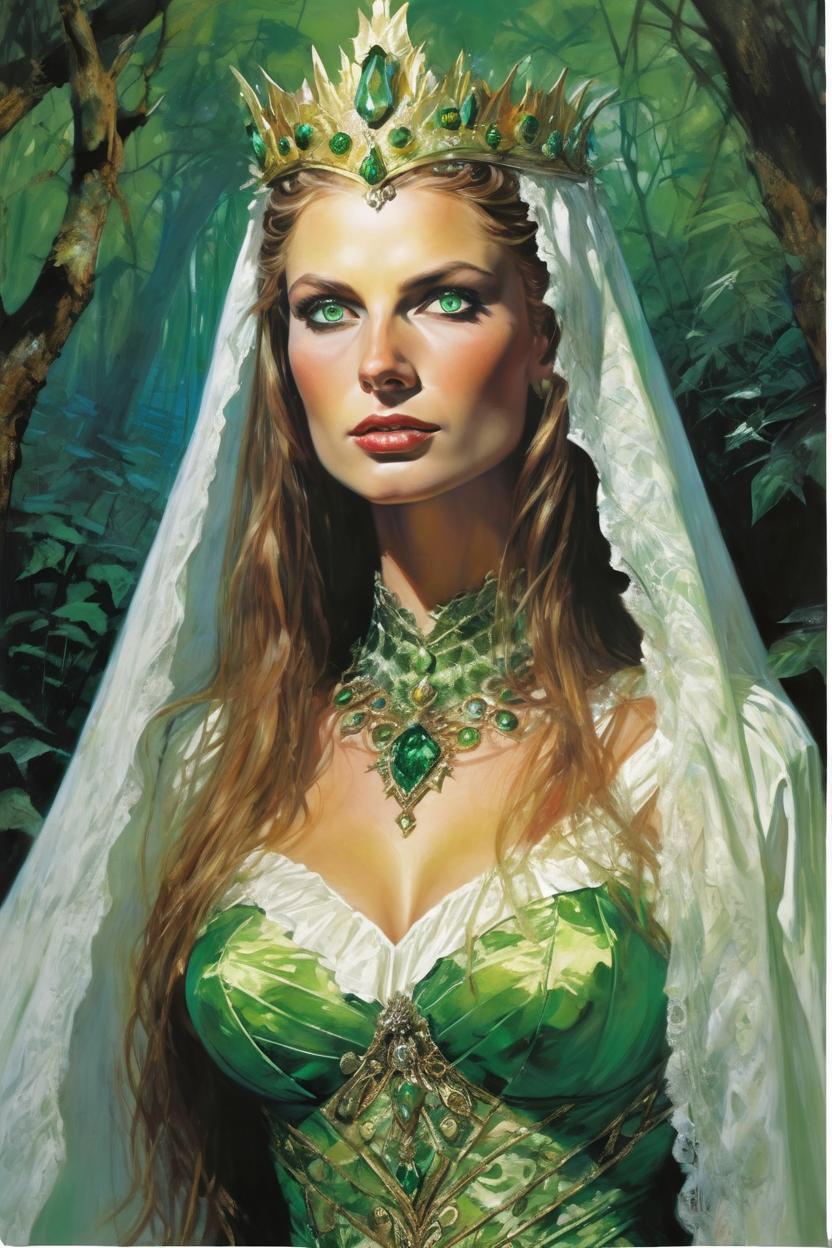 Artificial Intelligence (AI) generated image art, woman, as ALARIELLE THE EVERQUEEN, poster, by John Blanche, Mantled in the finery of nature at its most wrathful, green eyes