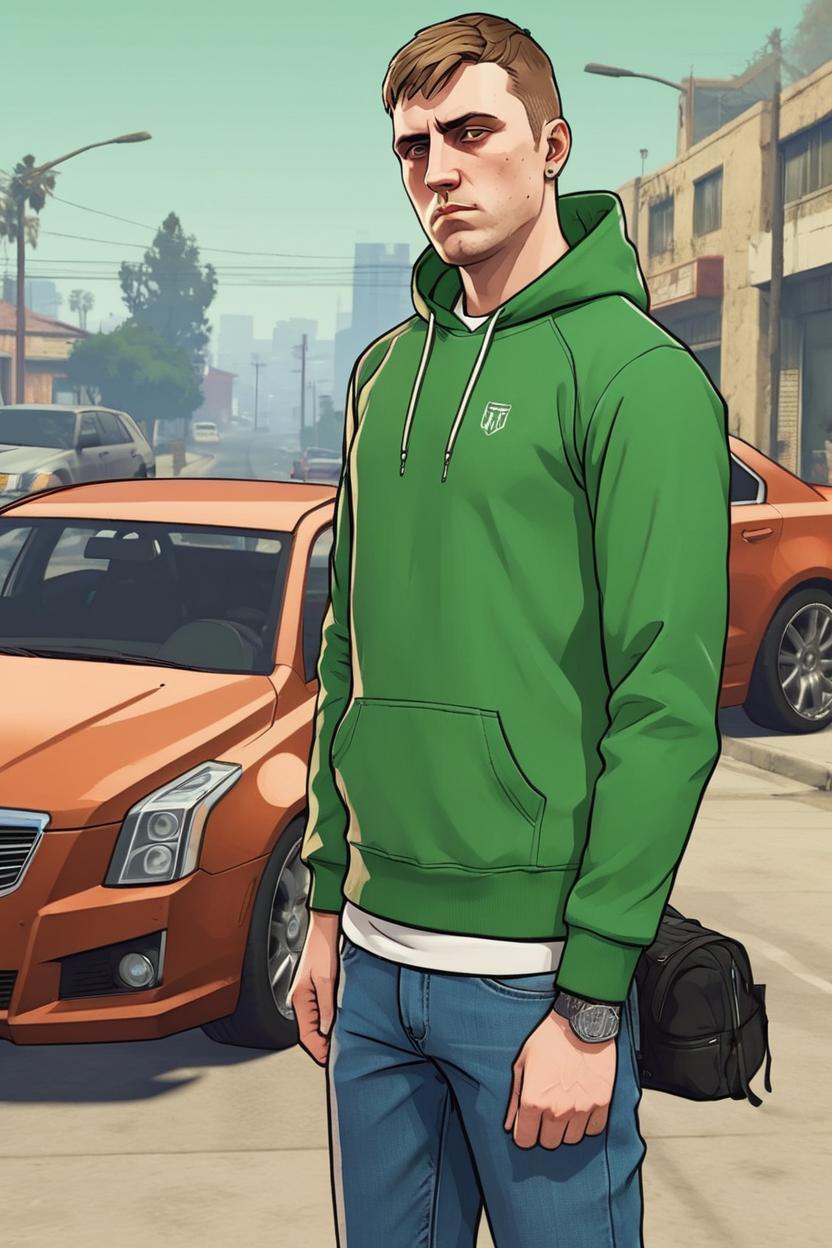 Artificial Intelligence (AI) generated image art, man, on a GTA San Andreas artwork, 2D digital art style, GTA art, as a cool gangster, dressed in jeans and green hoodie, a cadillac car in the background