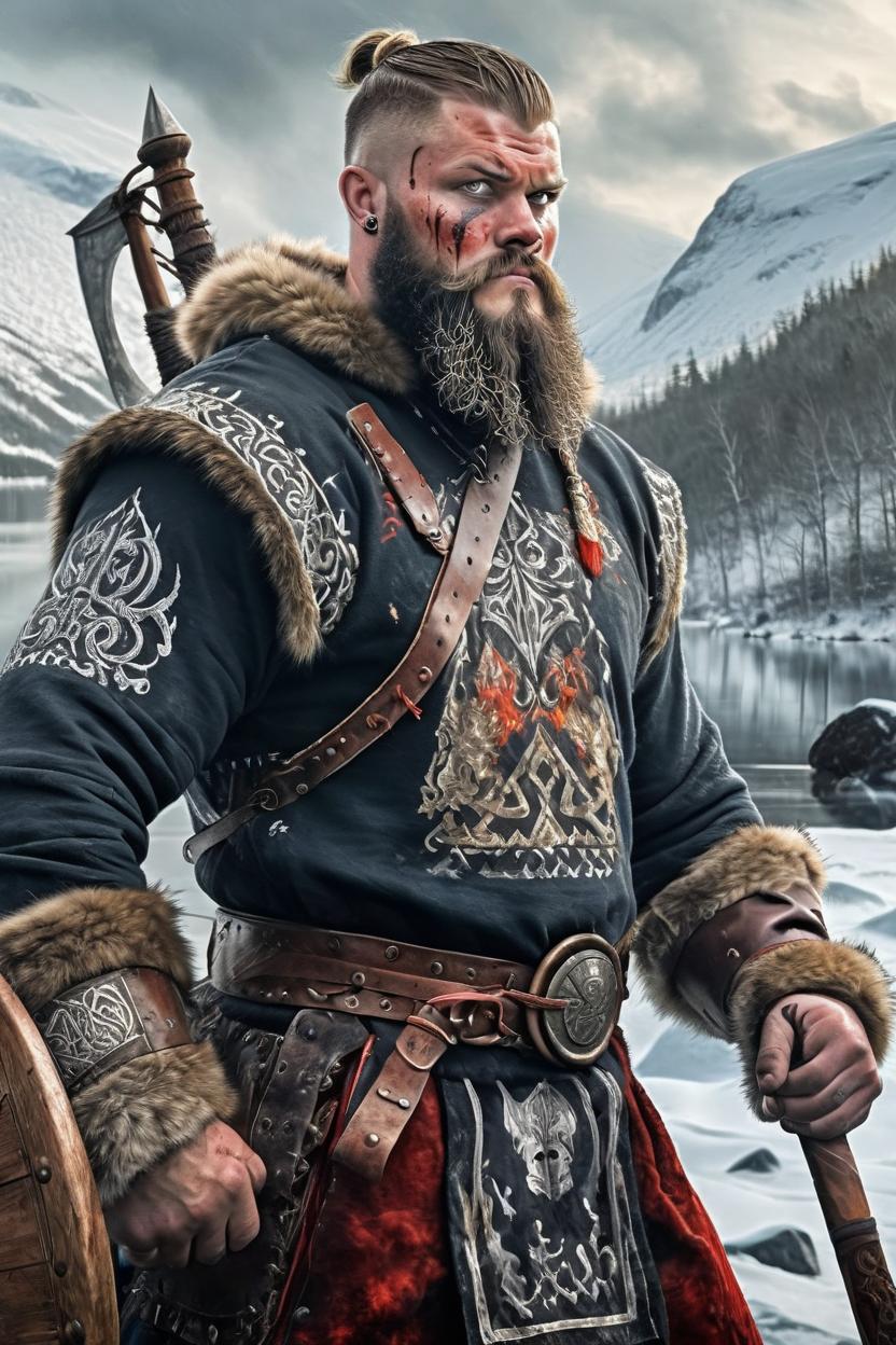 Artificial Intelligence (AI) generated image art, man, Authentic Viking attire, portrait, oil painting, including intricate armor, furs, and traditional weaponry, set against the backdrop of Scandinavian landscapes, battle-hardened, viking ship in background, fire, smoke, snow, blood, war paint, dynamic pose, fantasy, intricate details, hyper detailed