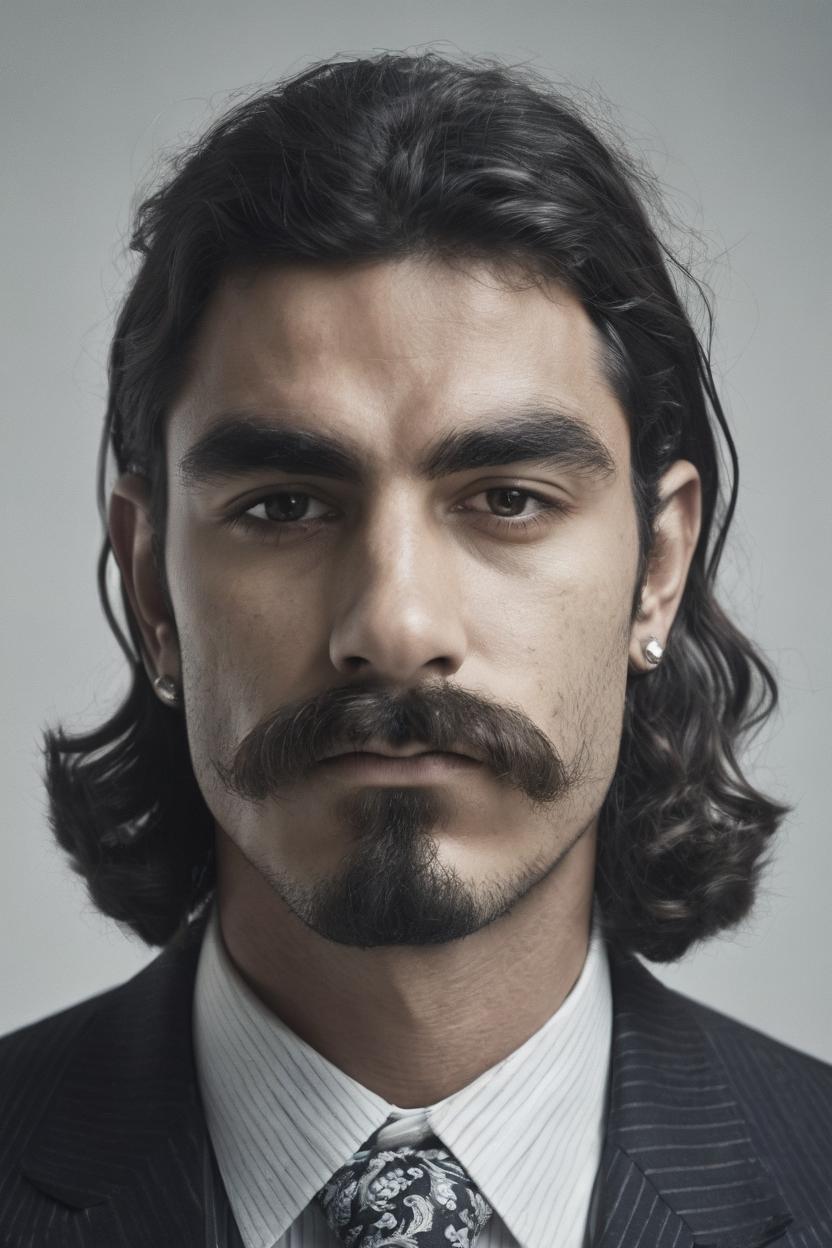 Artificial Intelligence (AI) generated image art, man, long hair and mustache, portrait, Shot on Hasselblad H6D-400c lens, copy Sisley Spring Summer 2014 campaign session with more of a vogue or fancy gentleman style clothes, ultra high definition, ultra-realism, ultra realistic,