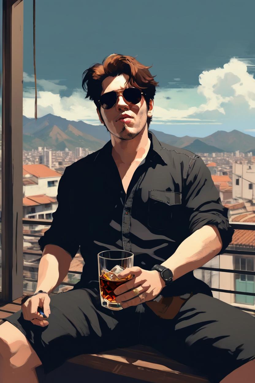Artificial Intelligence (AI) generated image art, man, sitting on a balcony, legs swinging back, wearing sunglasses and a black unbuttoned shirt, Derek Gores, sipping a scotch whiskey, by Josan Gonzalez and Tomer Hanuka and Geof Darrow and Brad Rigney and Greg Rutkowski,highly detailed, UHD, 8K, Ghost in the shell, Blade Runner, Trending on artstation, bokh, dof