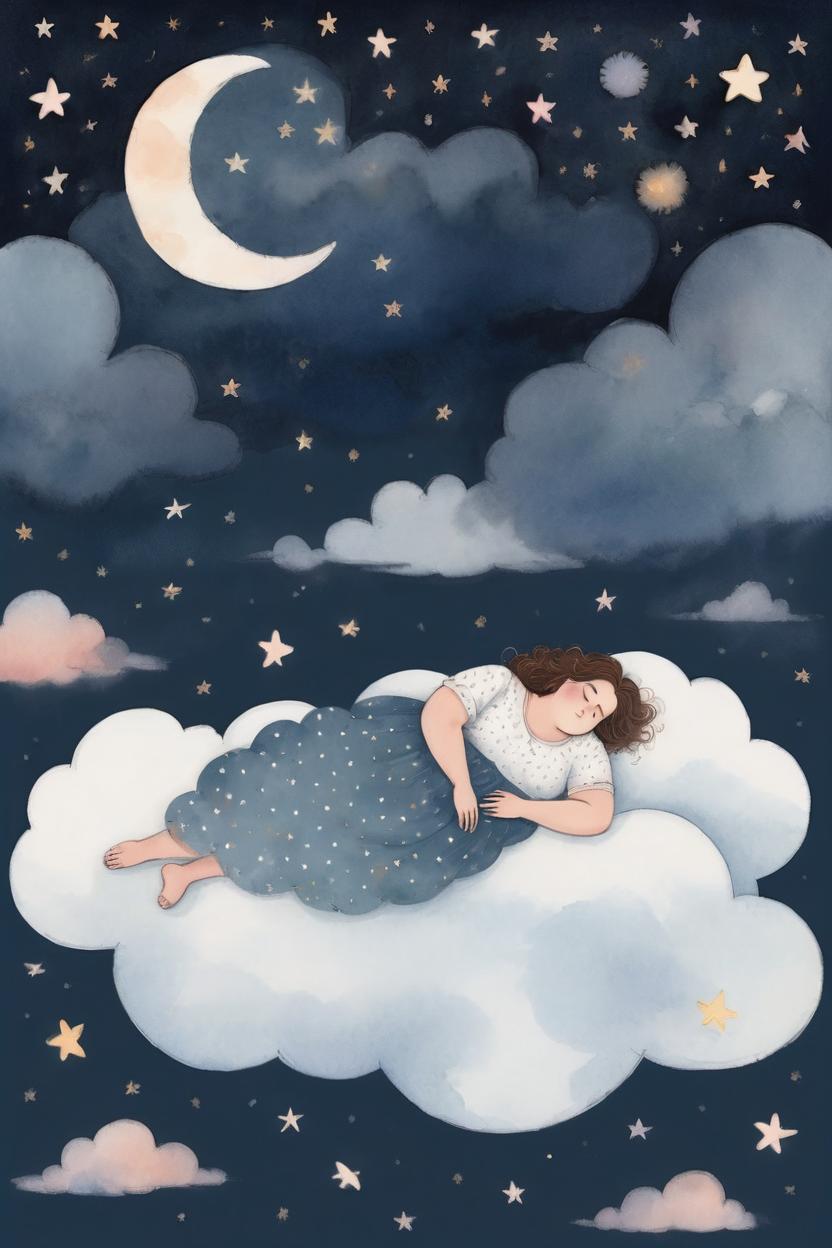 Artificial Intelligence (AI) generated image art, woman, sleeping on a cloud, from afar, slumberland, illustration, dreamy, peaceful, moon and stars, soft clouds, plus size, full body, dreamland
